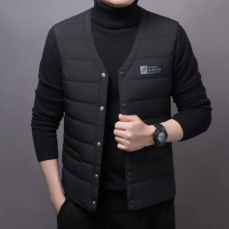 V-Neck Quilted Cotton Vest – soft, warm men’s down style for chilly days