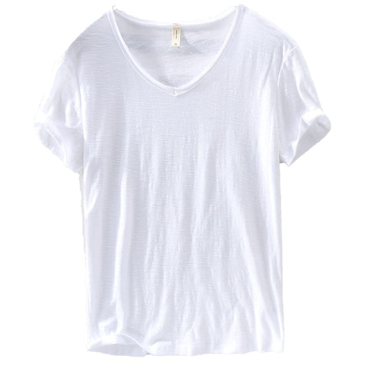 Men's V-Neck Linen Cotton Shirt, Lightweight Short Sleeve Slim-Fit Casual Top for Summer-1