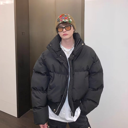 Short Cropped Puffer Coat for Men – linen-blend, boxy fit for light winter layering