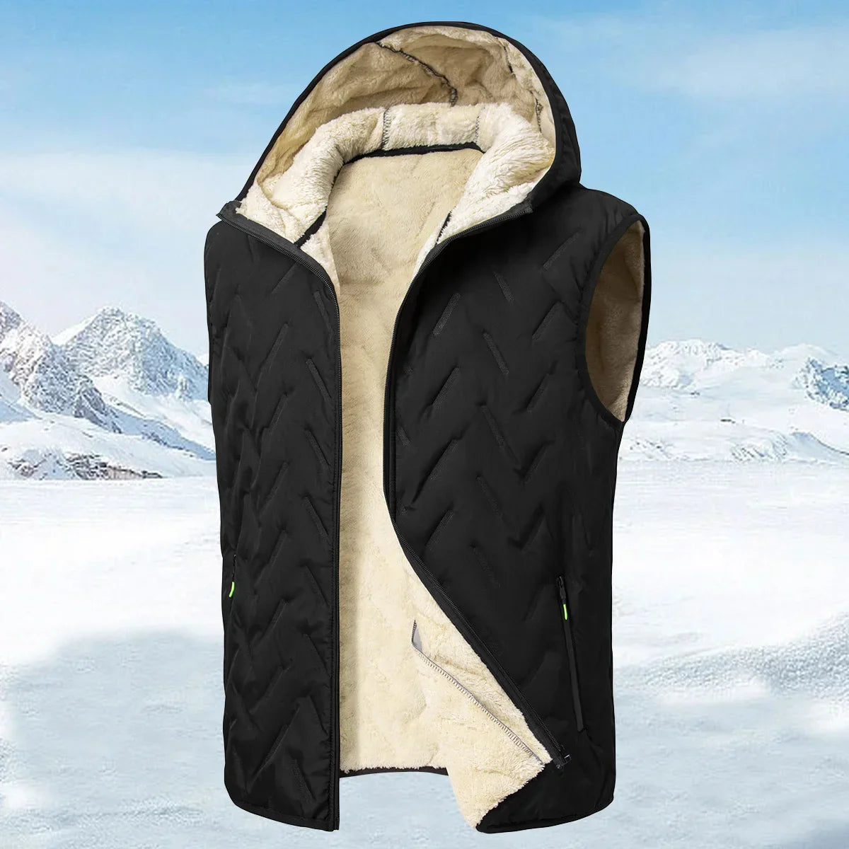 Men’s Hooded Down Travel Vest – fleece-lined quilting for warmth and comfort
