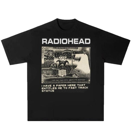 Mens Oversized Graphic Tee, Iconic Radiohead Design, Soft Cotton Blend, Casual Short Sleeve T-Shirt-1